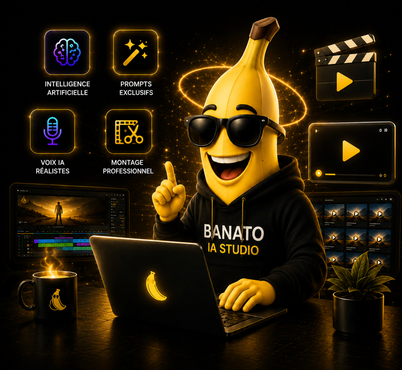Banato IA Studio avec intelligence artificielle, prompts, voix IA et montage vidéo